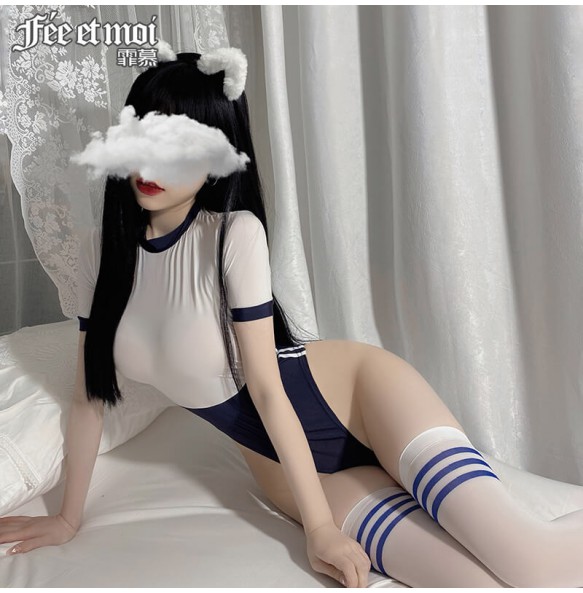 FEE ET MOI Japanese Style Young Girl Bodysuit (Blue - White)